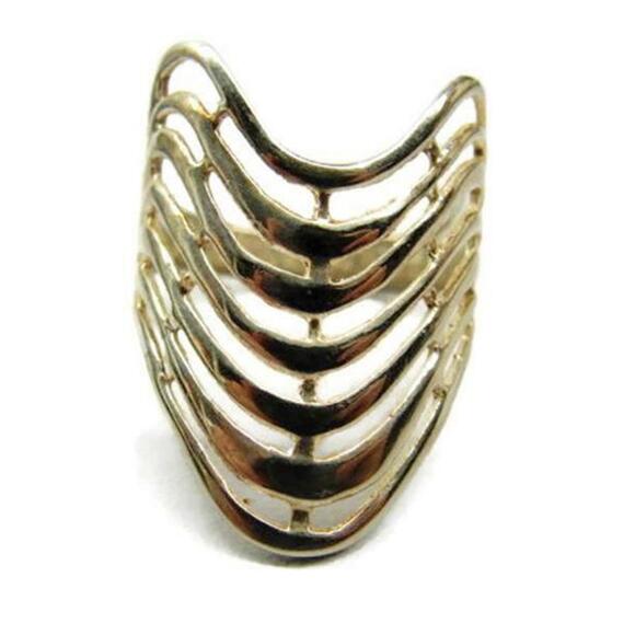 sz 8 3/4 Multi Layered Open Cut Rope Gold Tone Sterling Silver 925 Patina Ring - Picture 2 of 12